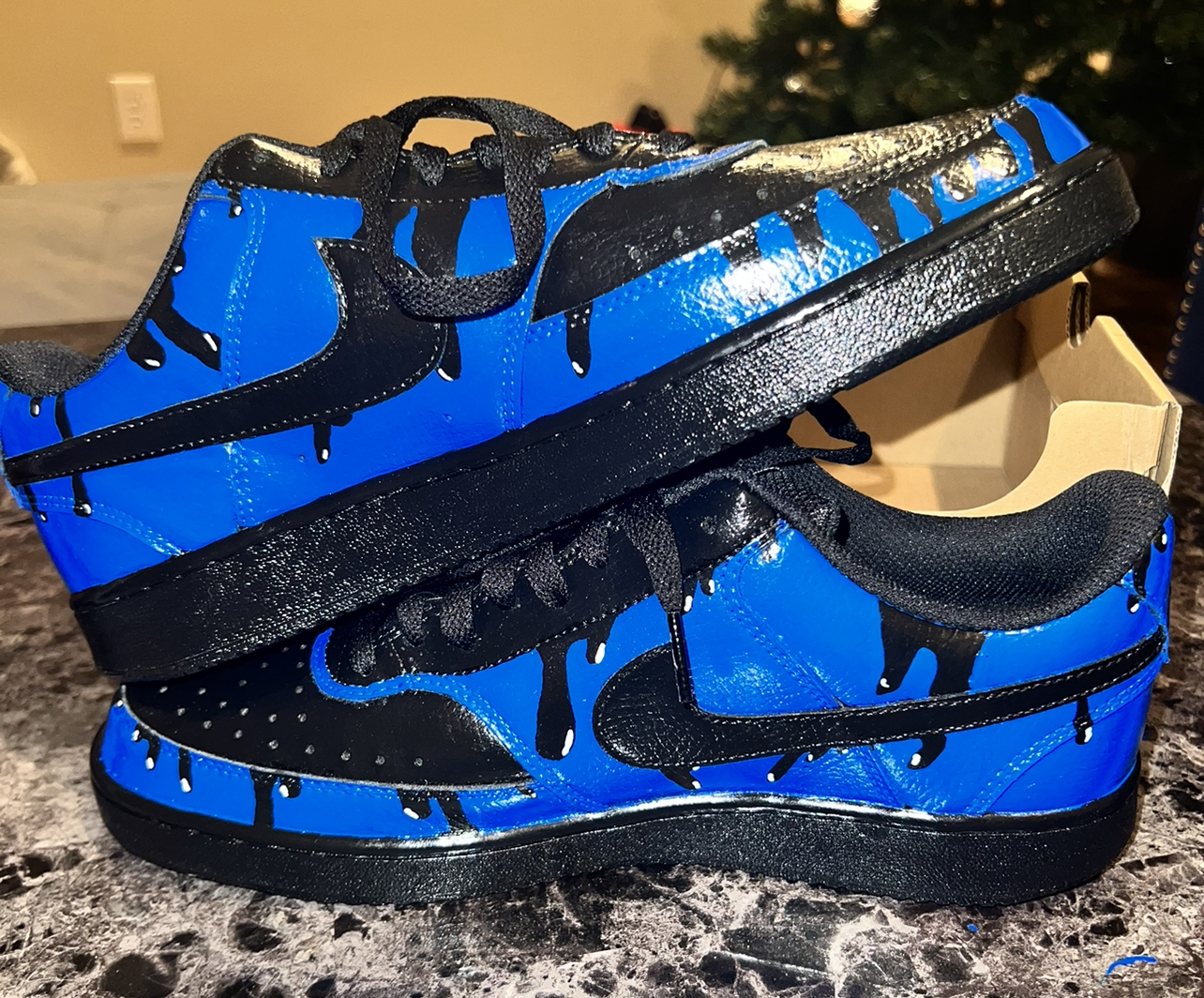 Custom painted blue drip design sneakers