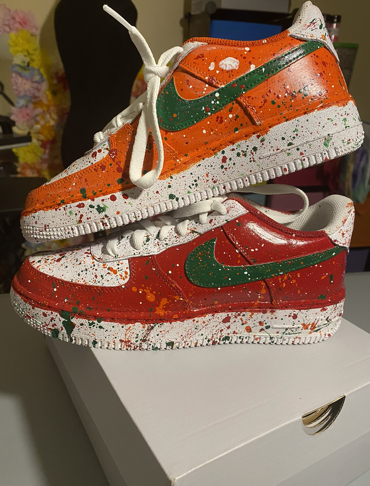 Custom painted orange and green splatter sneakers