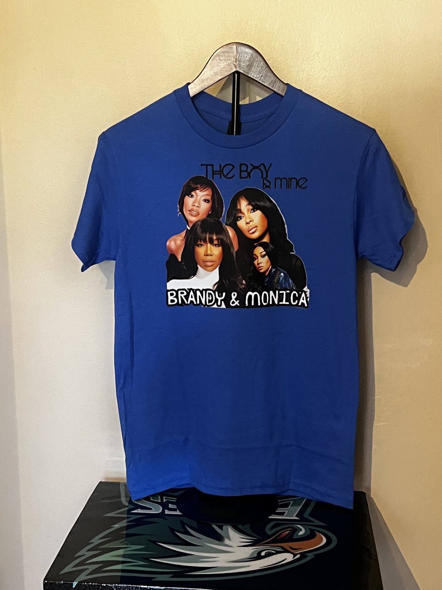 Custom blue shirt featuring Brandy and Monica The Boy is Mine tribute design