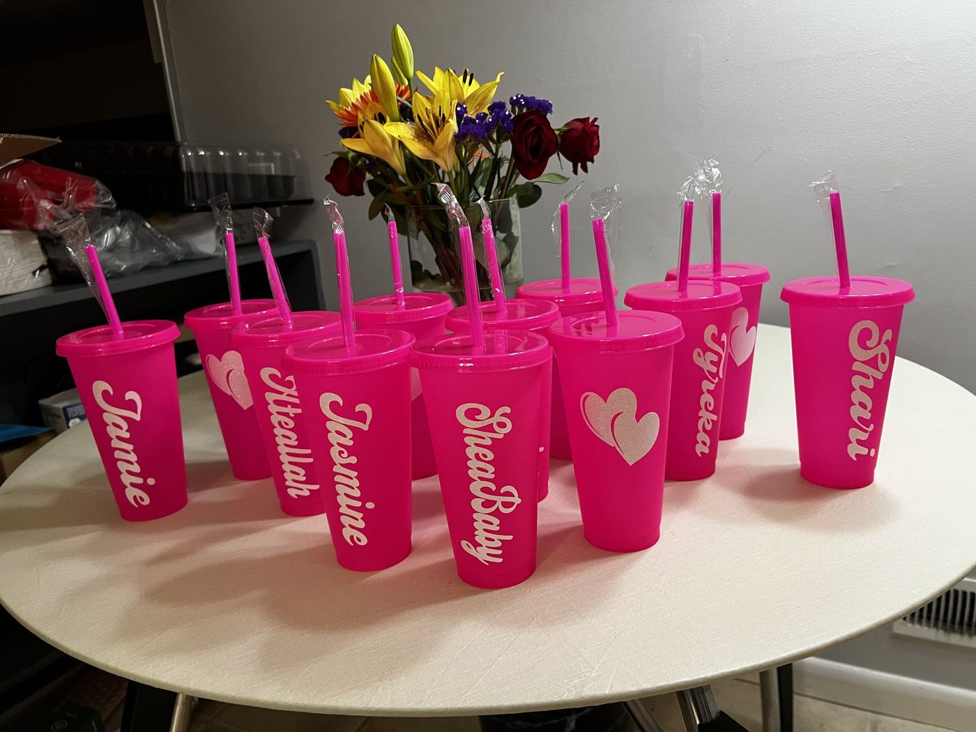Personalized hot pink tumblers with custom names