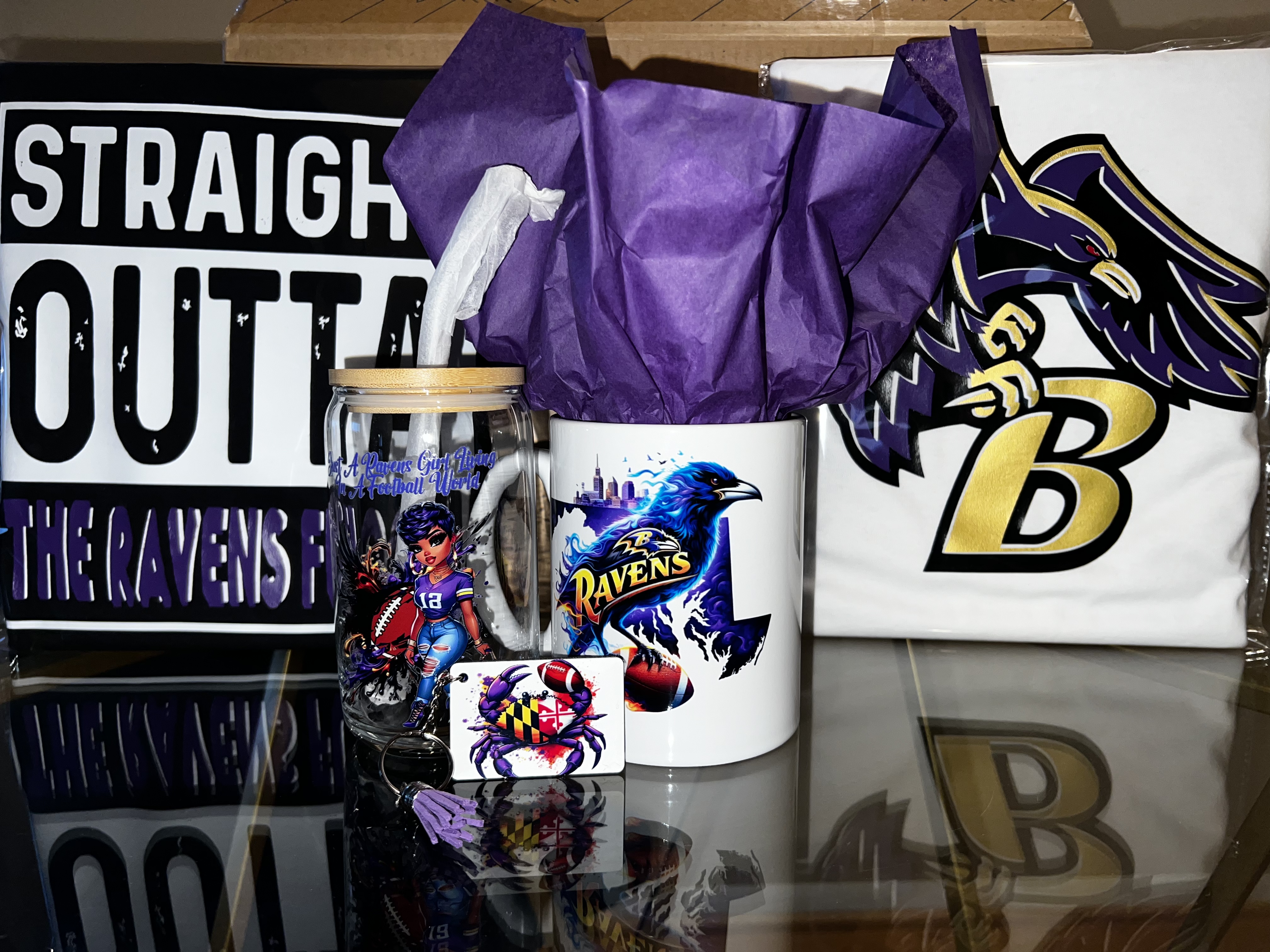 Baltimore Ravens custom gift set with shirt, mug, and tumbler
